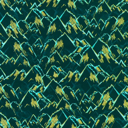 An abstract, hand-drawn landscape of layered mint and turquoise mountain peaks accented with gold set against a dark, teal-black background.