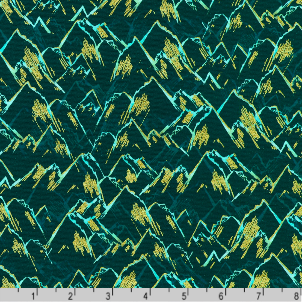 An abstract, hand-drawn landscape of layered mint and turquoise mountain peaks accented with gold set against a dark, teal-black background. Ruler for scale.