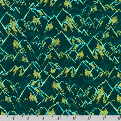 An abstract, hand-drawn landscape of layered mint and turquoise mountain peaks accented with gold set against a dark, teal-black background. Ruler for scale.
