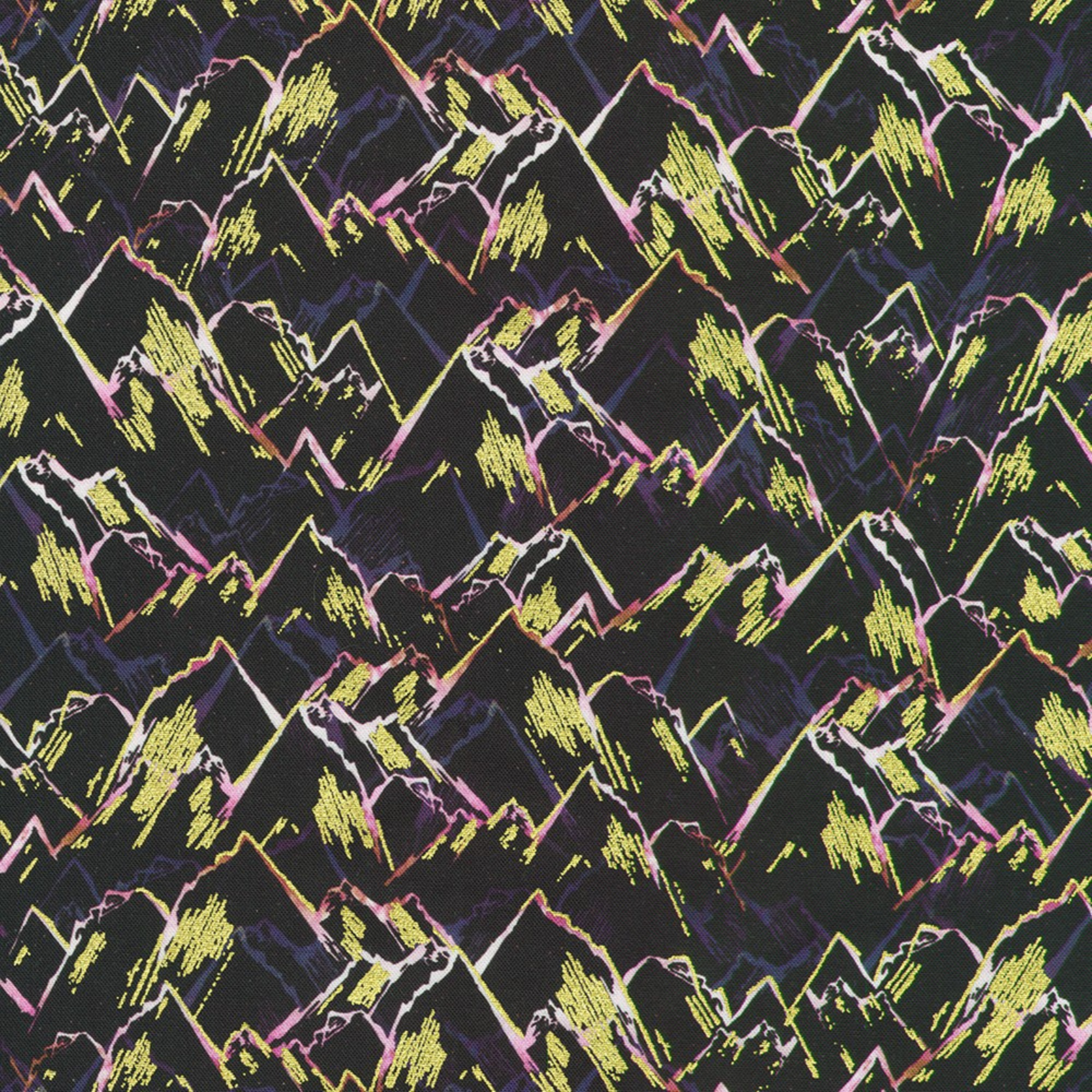 An abstract, hand-drawn landscape design of mountain peaks in pink, purple, and gold set against a dark, charcoal-black background.