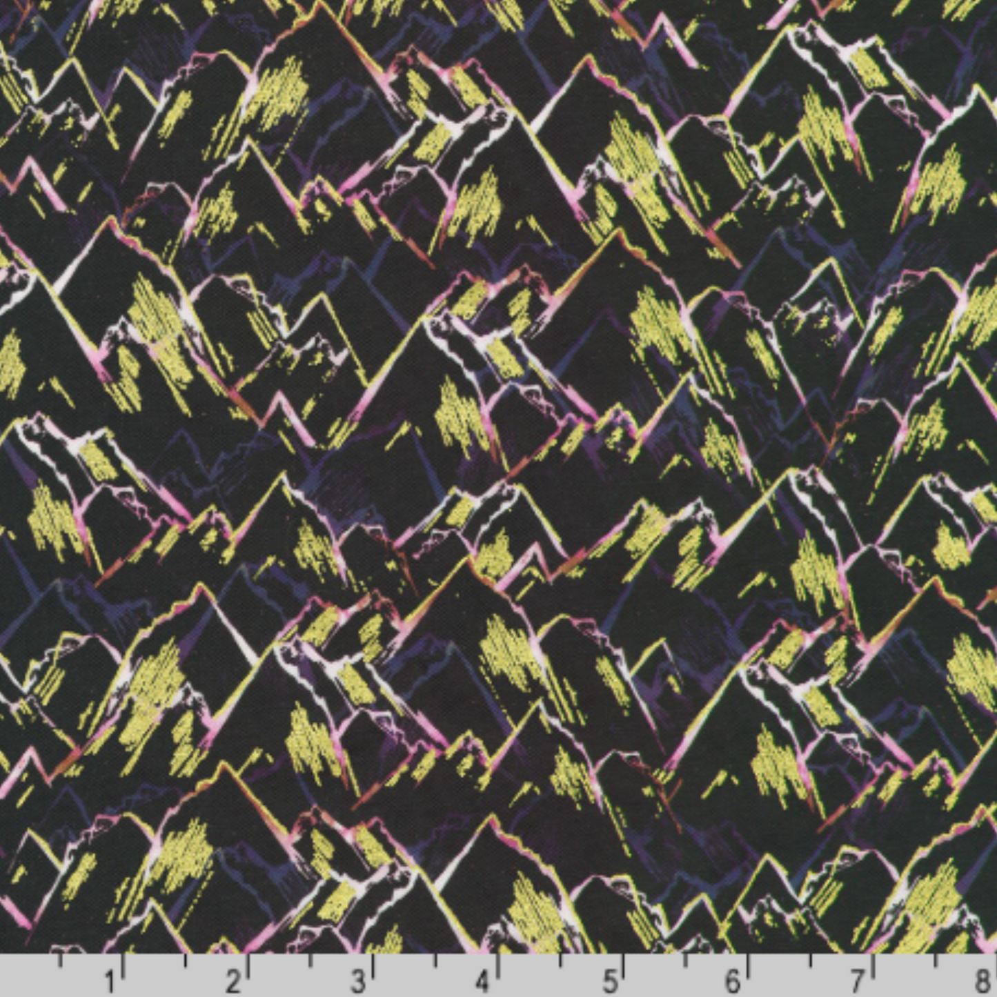 An abstract, hand-drawn landscape design of mountain peaks in pink, purple, and gold set against a dark, charcoal-black background. Ruler at the bottom for scale.