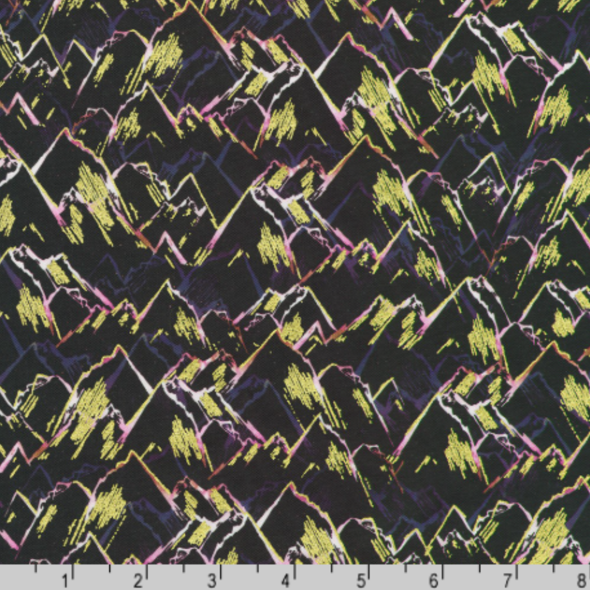 An abstract, hand-drawn landscape design of mountain peaks in pink, purple, and gold set against a dark, charcoal-black background. Ruler at the bottom for scale.