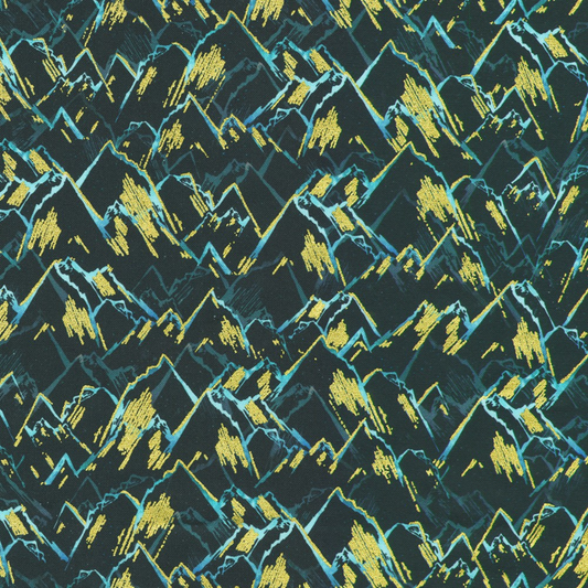 Abstract, hand-drawn aqua and blue mountain peaks accented with gold set against a dark, blue-black background.