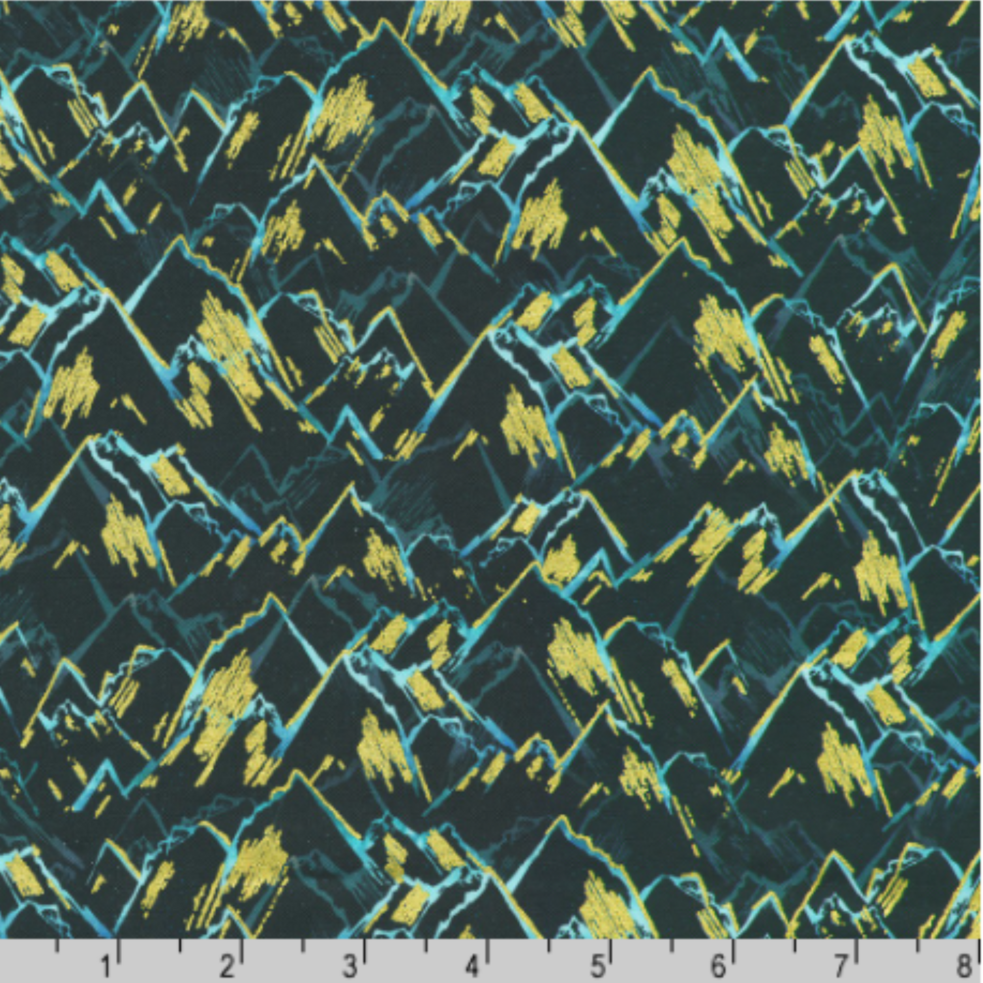 Abstract, hand-drawn aqua and blue mountain peaks accented with gold set against a dark, blue-black background. Ruler at the bottom for scale
