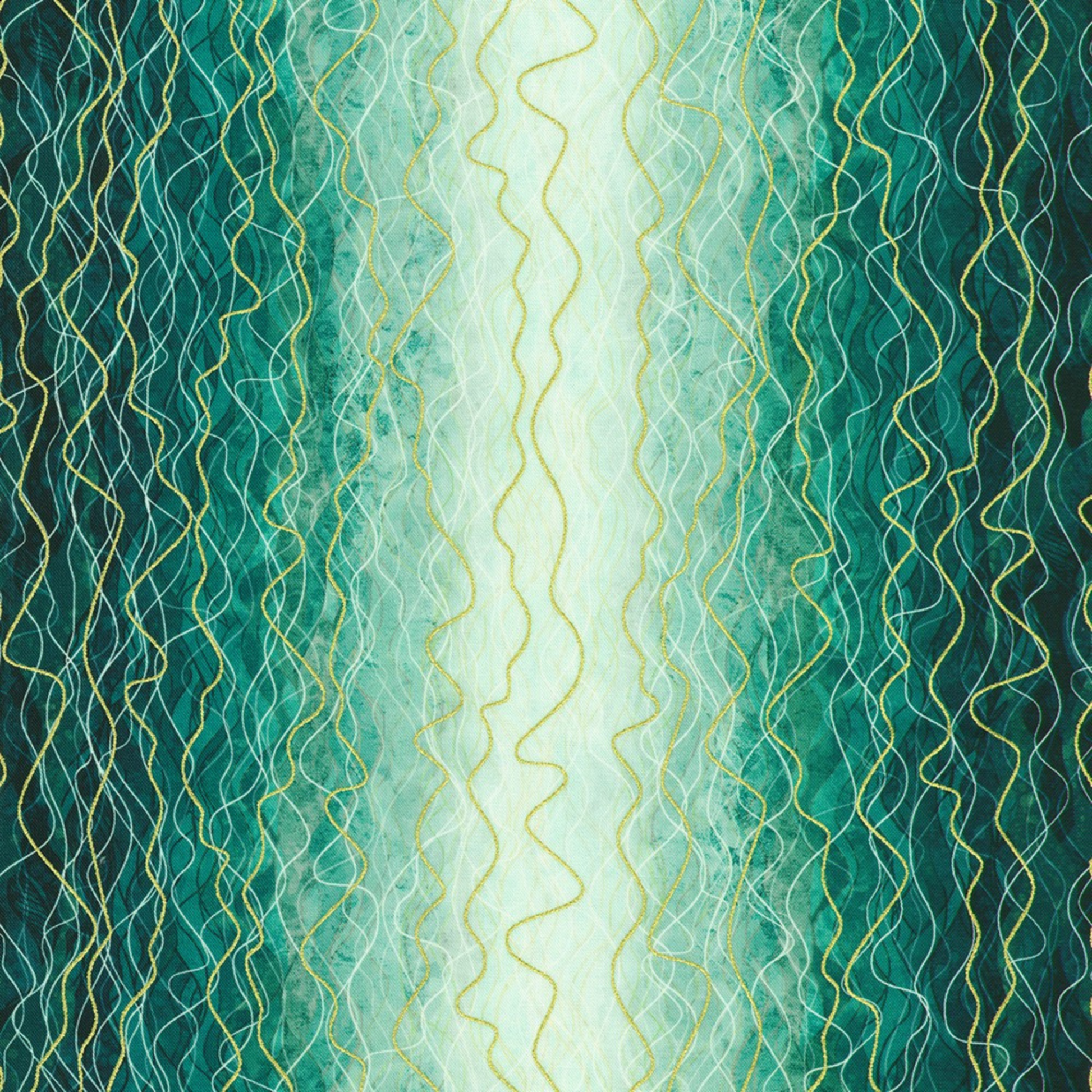 Flowing vertical waves and layered linework in a serene teal and aqua palette, accented with soft seafoam, deep green, and touches of metallic gold. 