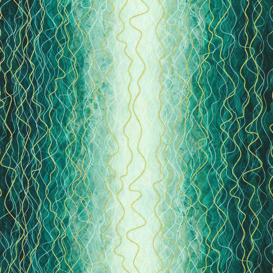Flowing vertical waves and layered linework in a serene teal and aqua palette, accented with soft seafoam, deep green, and touches of metallic gold. 