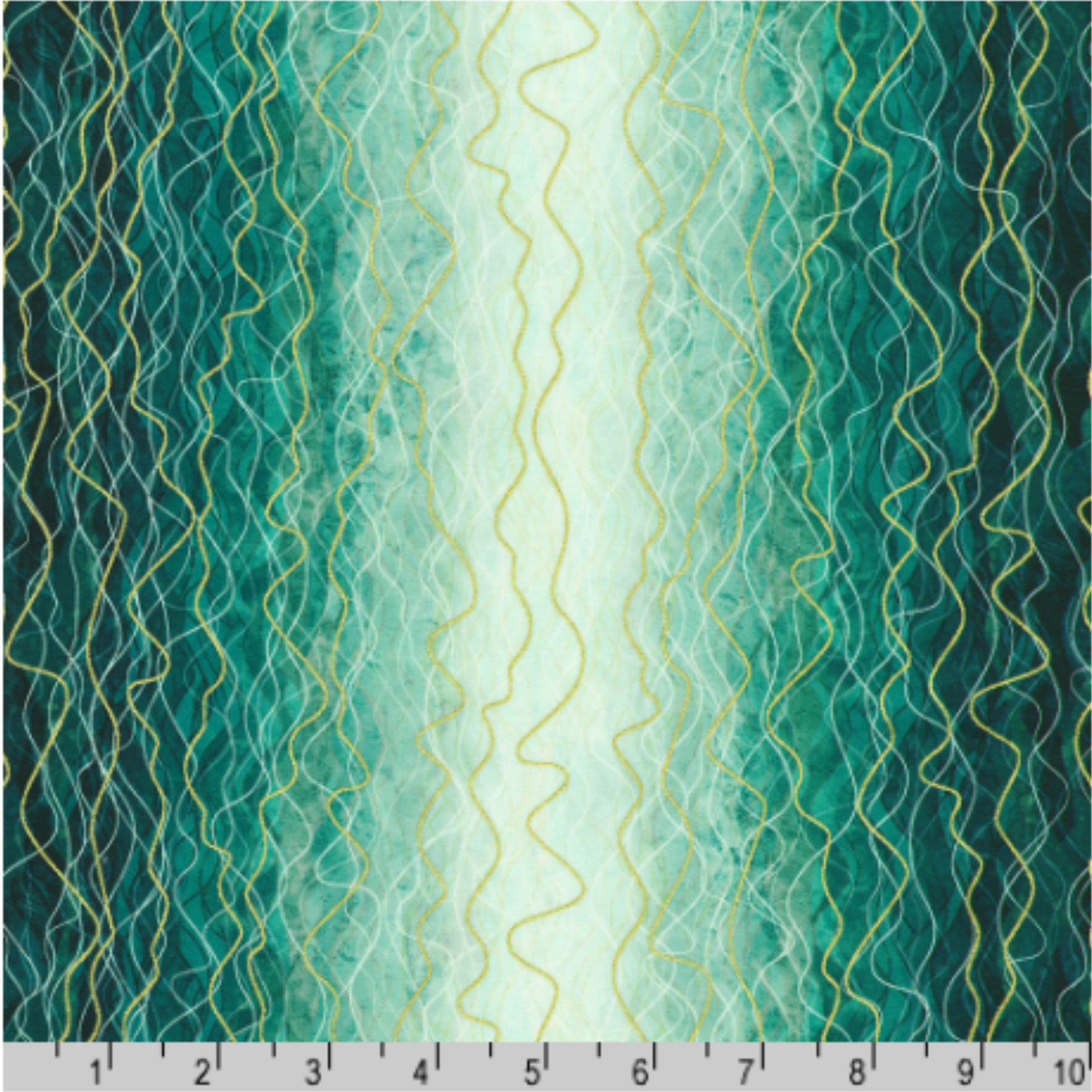Flowing vertical waves and layered linework in a serene teal and aqua palette, accented with soft seafoam, deep green, and touches of metallic gold. Ruler for scale