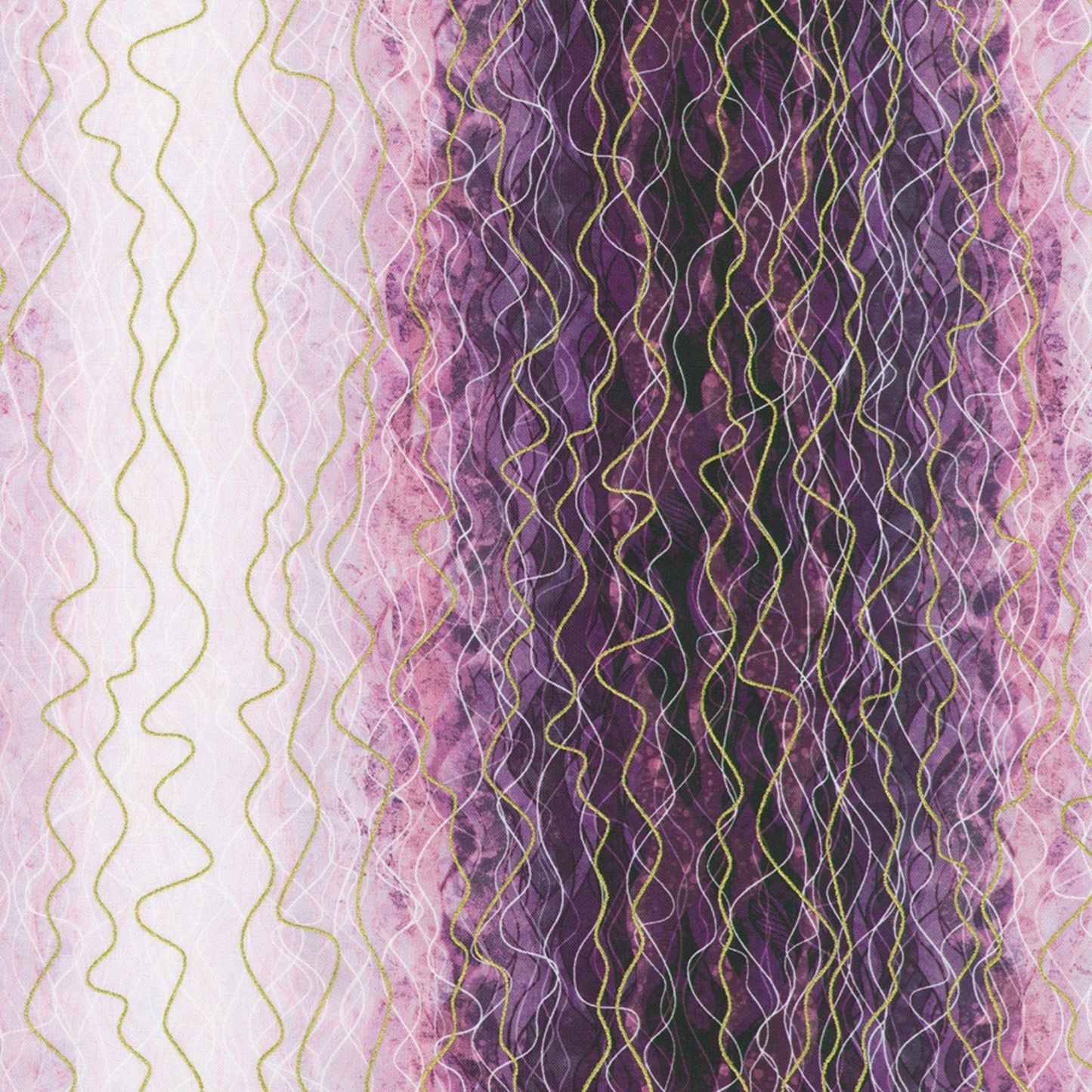Flowing vertical waves and layered linework in a rich plum and violet palette, softened with blush pink and pale lavender, with hints of metallic gold. 