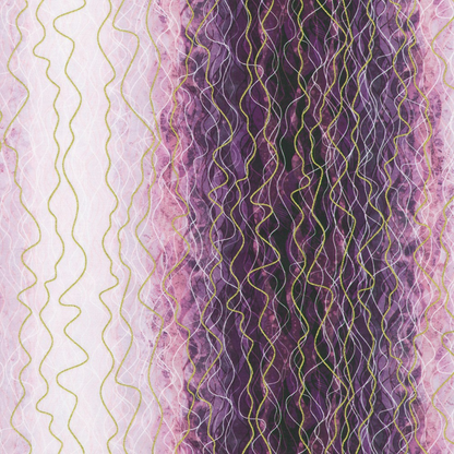 Flowing vertical waves and layered linework in a rich plum and violet palette, softened with blush pink and pale lavender, with hints of metallic gold. 