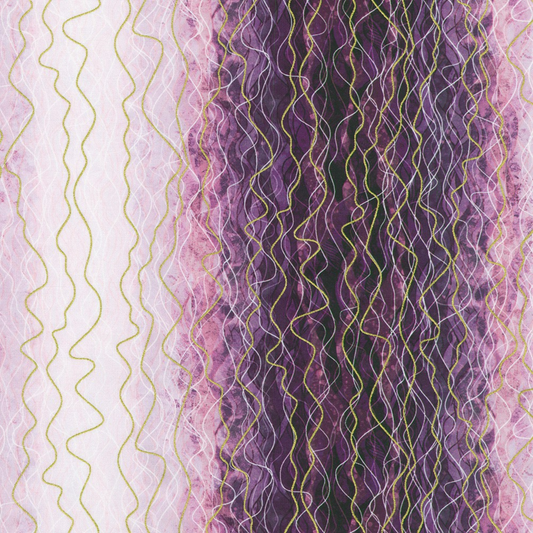 Flowing vertical waves and layered linework in a rich plum and violet palette, softened with blush pink and pale lavender, with hints of metallic gold. 