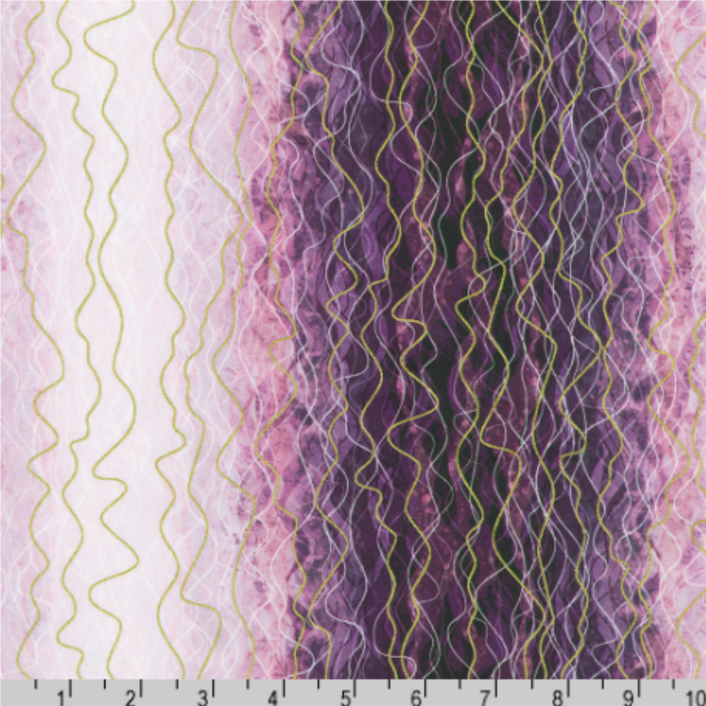 Flowing vertical waves and layered linework in a rich plum and violet palette, softened with blush pink and pale lavender, with hints of metallic gold. Ruler for scale.