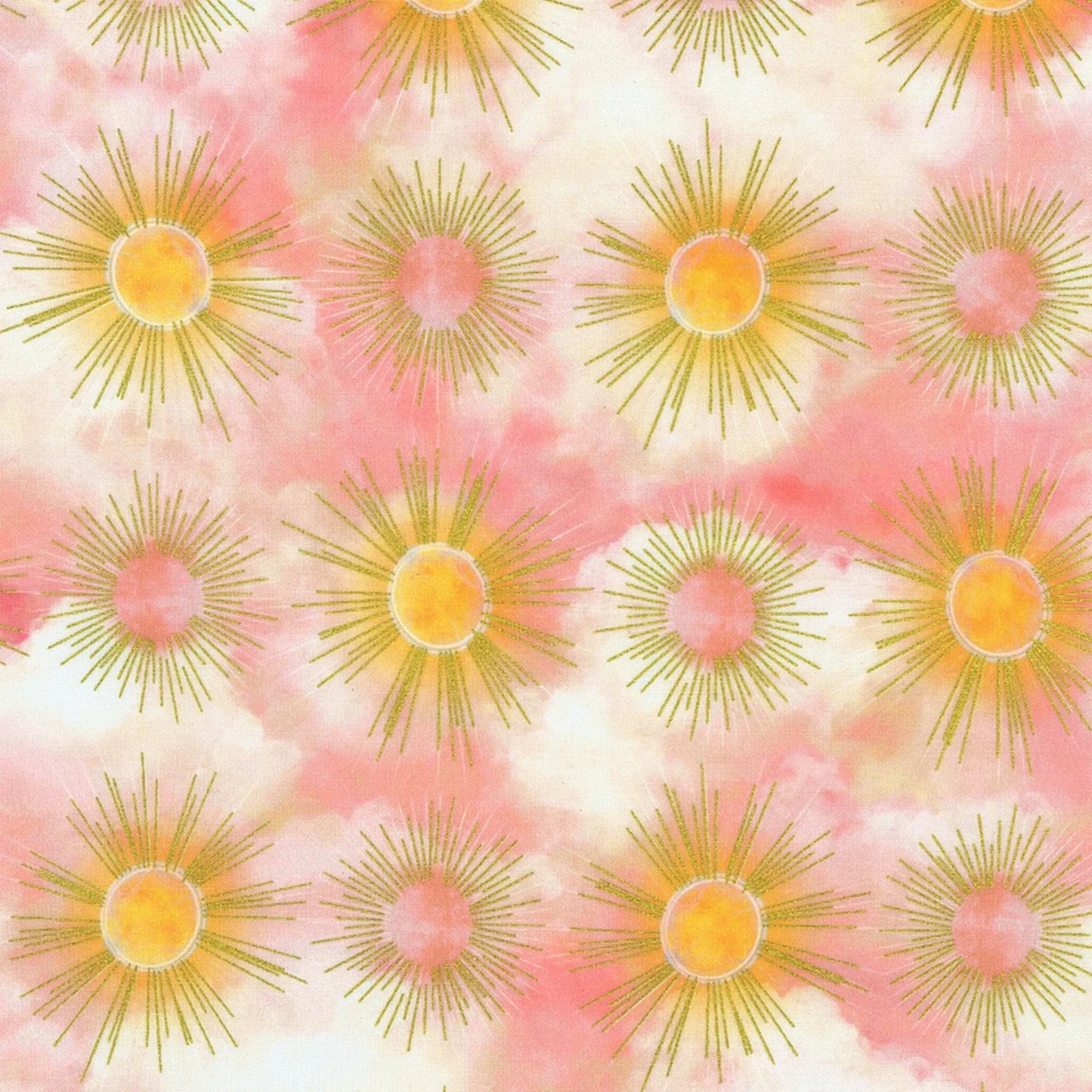 Pattern of sunburst designs with golden rays on a cloudy pink and off-white background