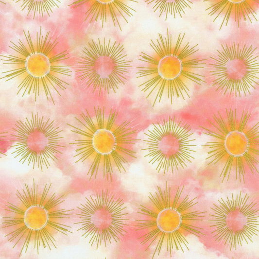 Pattern of sunburst designs with golden rays on a cloudy pink and off-white background