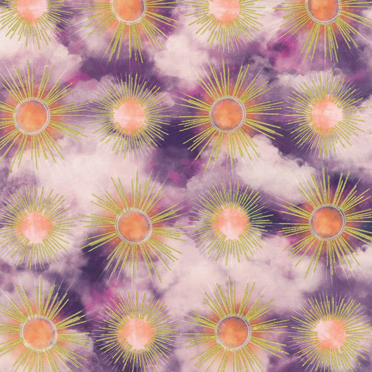 Pattern of sunburst motifs on a clouded background in deep violet, fuchsia, and soft lavender tones. Metallic golden rays radiate from pastel orange centers.