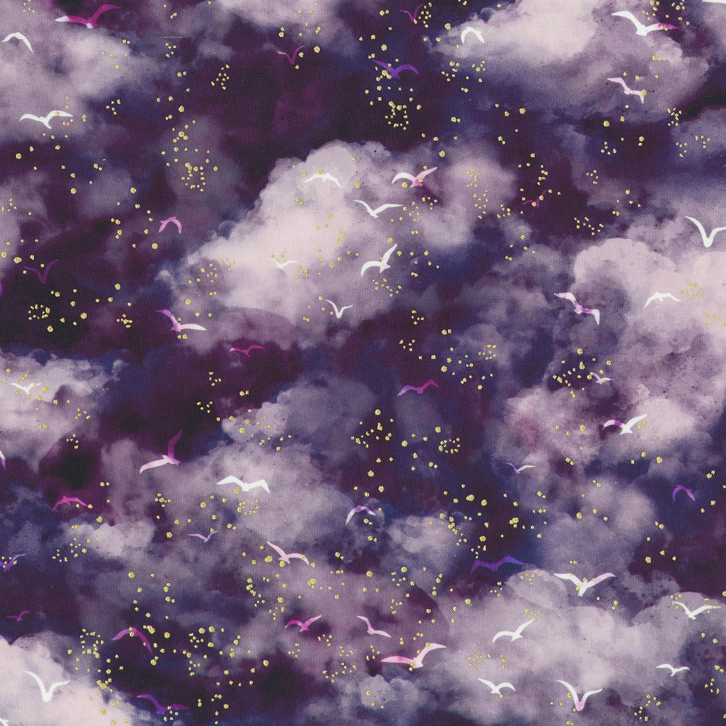 A moody, watercolor cloudscape in deep iris and plum tones, scattered with tiny flying birds and soft gold-style speckles.