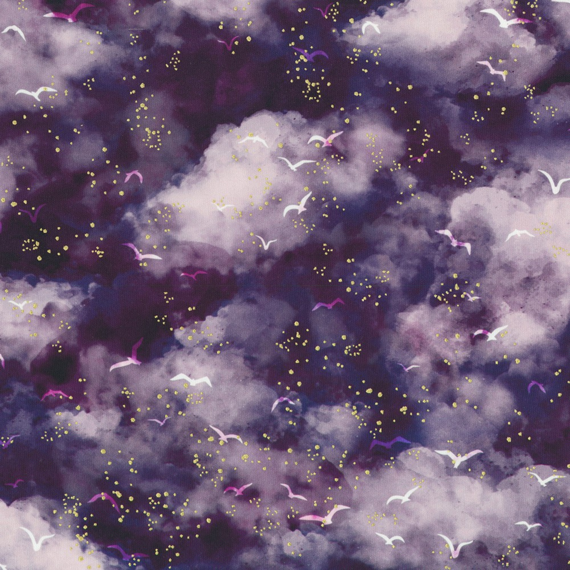 A moody, watercolor cloudscape in deep iris and plum tones, scattered with tiny flying birds and soft gold-style speckles.