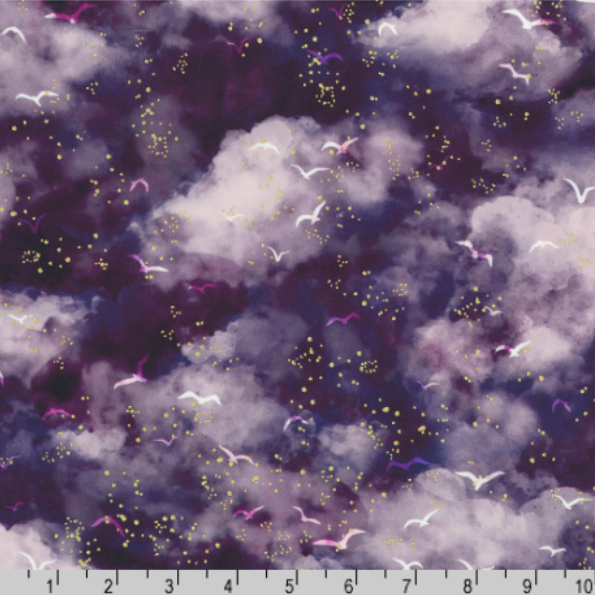 A moody, watercolor cloudscape in deep iris and plum tones, scattered with tiny flying birds and soft gold-style speckles. Ruler for scale.