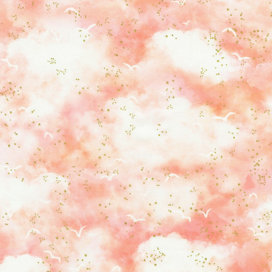 A warm pastel cloudscape washed in soft coral, peach, and cream with gold accents.
