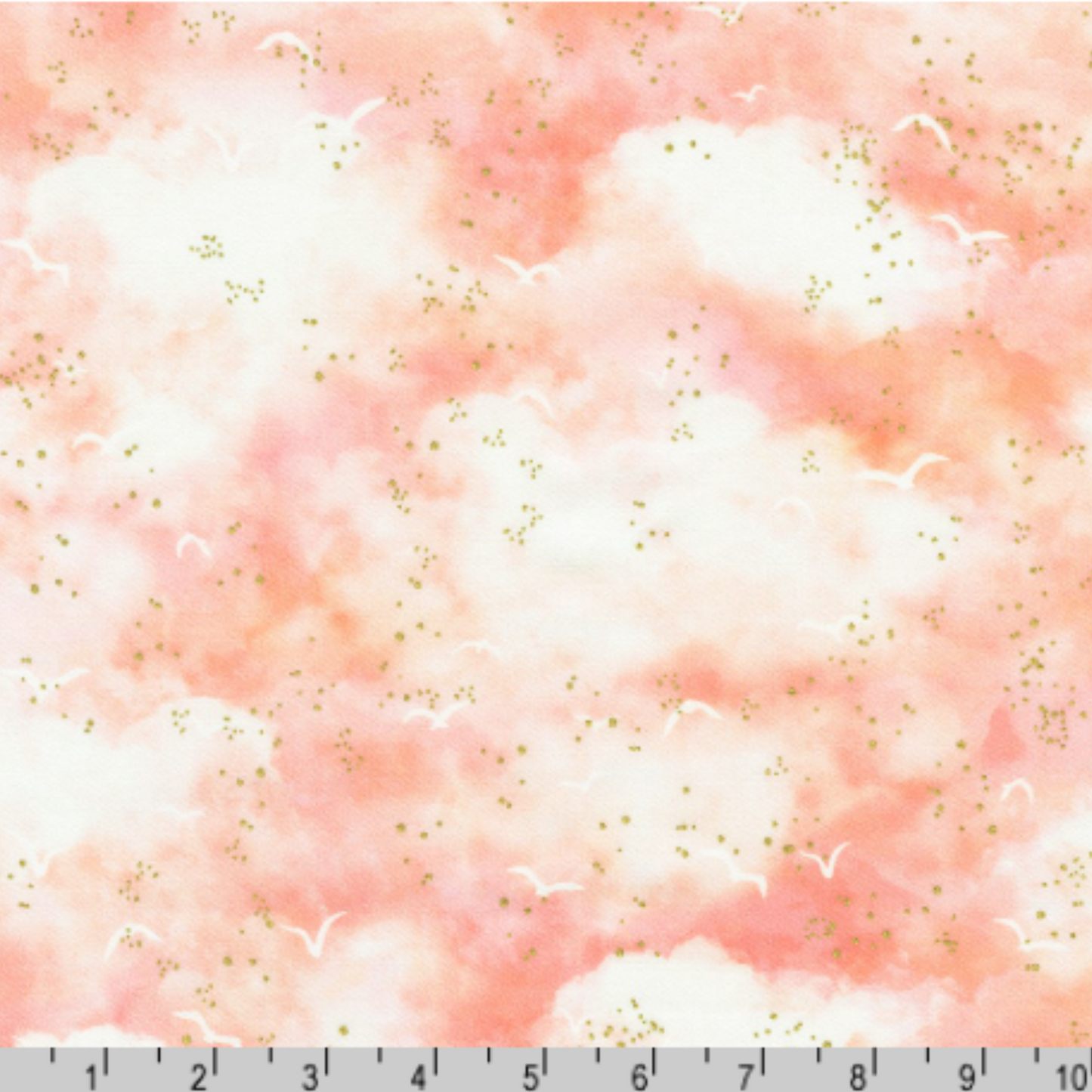A warm pastel cloudscape washed in soft coral, peach, and cream with gold accents. Ruler for scale