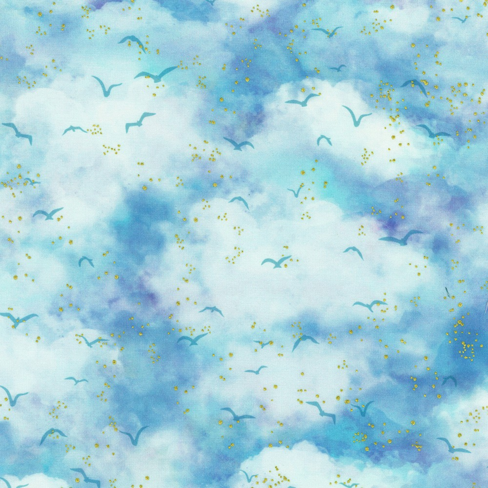 An airy watercolor sky print in soft blues and aquas, dotted with gentle bird silhouettes and subtle gold accents.