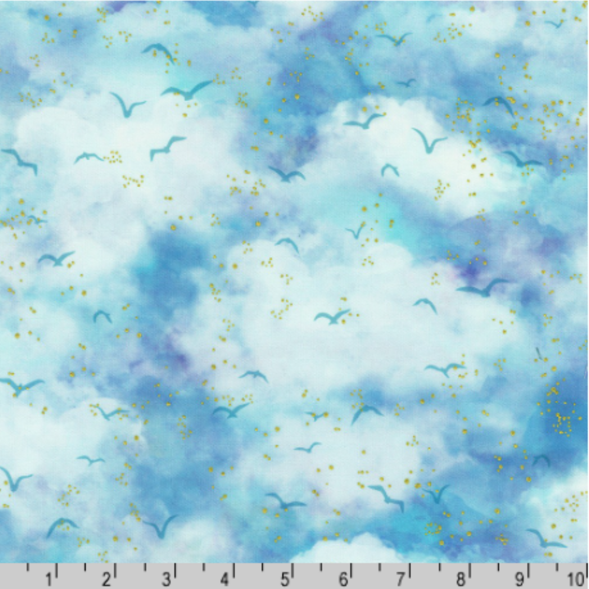 An airy watercolor sky print in soft blues and aquas, dotted with gentle bird silhouettes and subtle gold accents. Ruler for scale