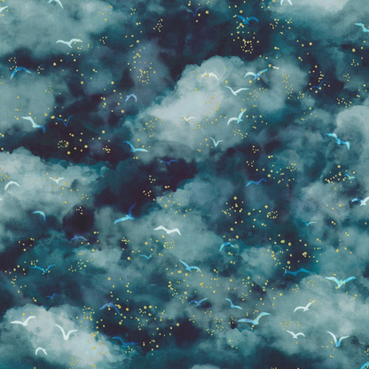 A rich, dramatic cloud print blending deep teal, navy, and shadowy blue hues with scattered birds and glowing gold-style speckles.