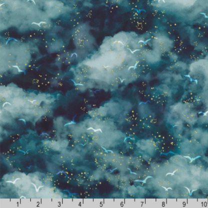 A rich, dramatic cloud print blending deep teal, navy, and shadowy blue hues with scattered birds and glowing gold-style speckles. Ruler for scale.