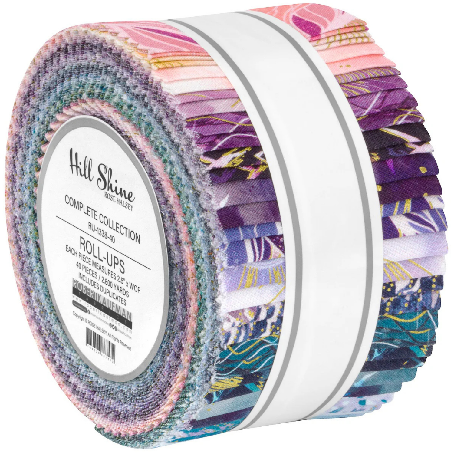 Roll of pink, purple, and teal fabric stripes with a 'Hill Shine' label on a white background