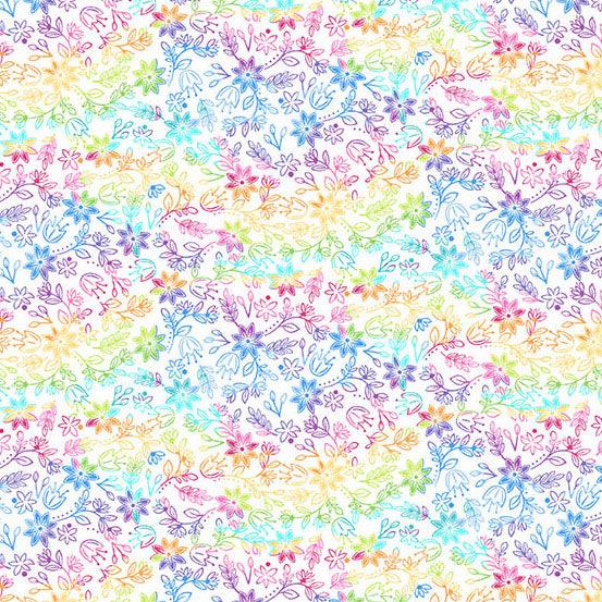 Rainbow Garden Rainbow Meadow in White features small rainbow flowers, leaves, and sprigs tossed across a white background.