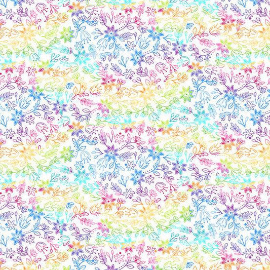 Rainbow Garden Rainbow Meadow in White features small rainbow flowers, leaves, and sprigs tossed across a white background.