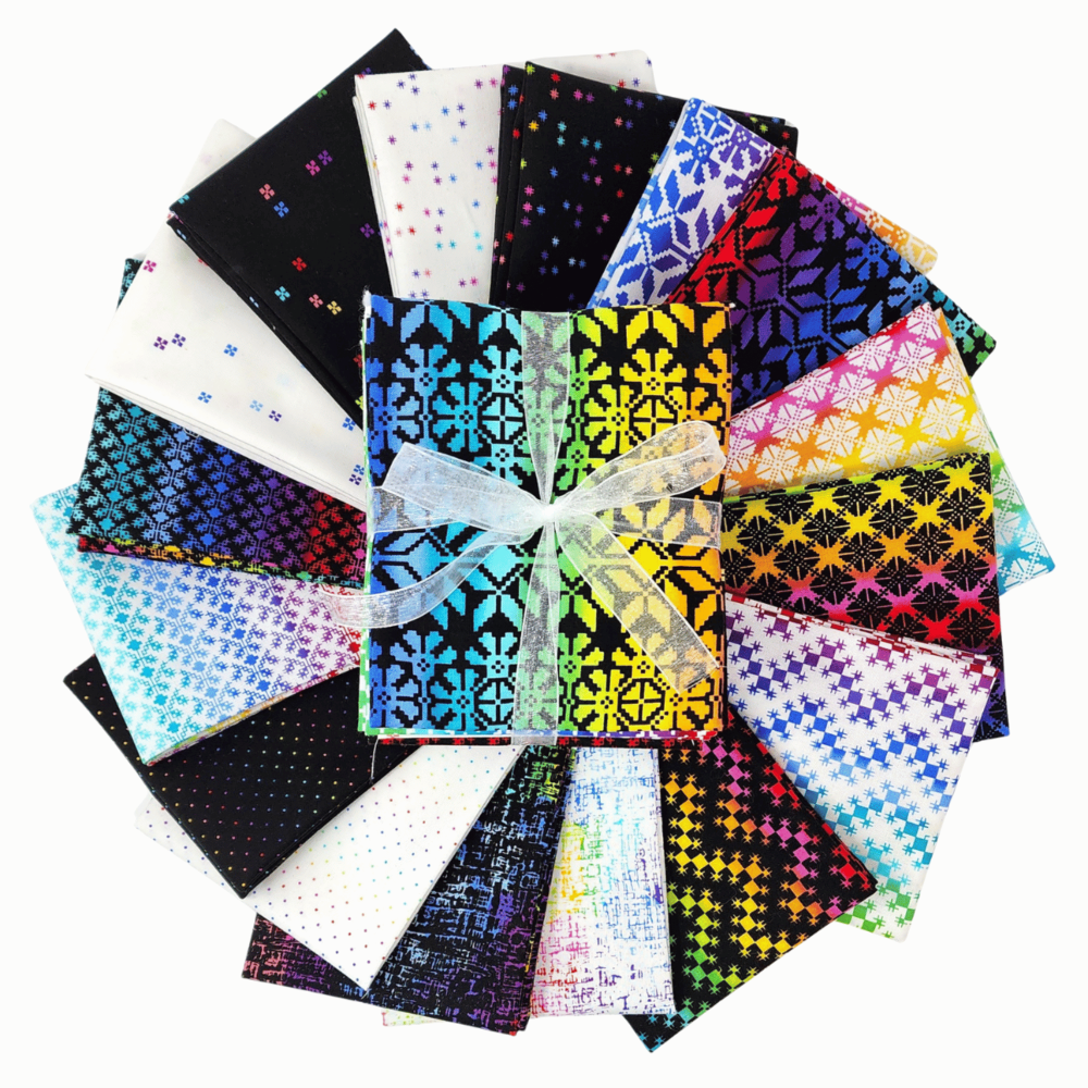 Rainbow Wonderland Fat Quarter Bundle contains 16 hand-cut fat quarters each measuring approximately 18" x 22".