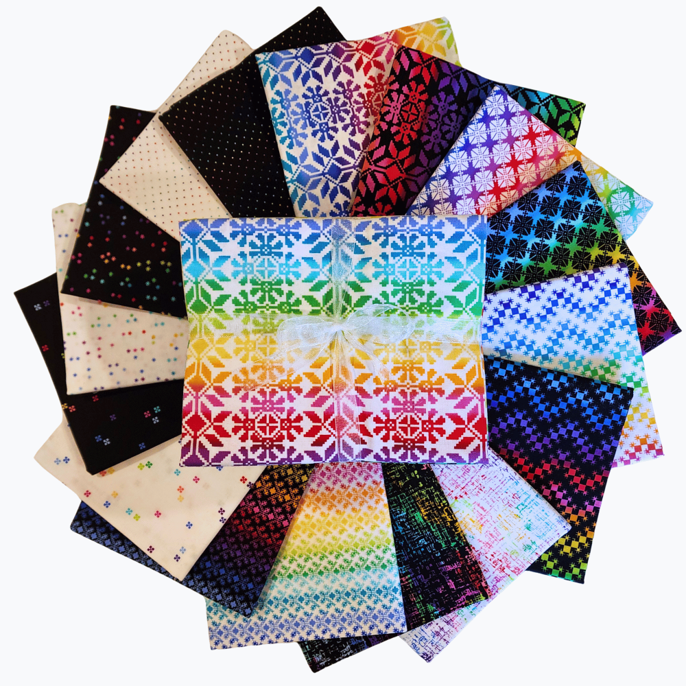 Rainbow Wonderland Half-Yard Bundle contains 16 hand-cut half-yards each measuring approximately 18" x 43".