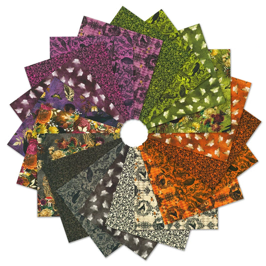 Circular arrangement of fabric squares in purples, oranges, greens, and blacks, featuring floral designs, moths, and ravens on a white background.