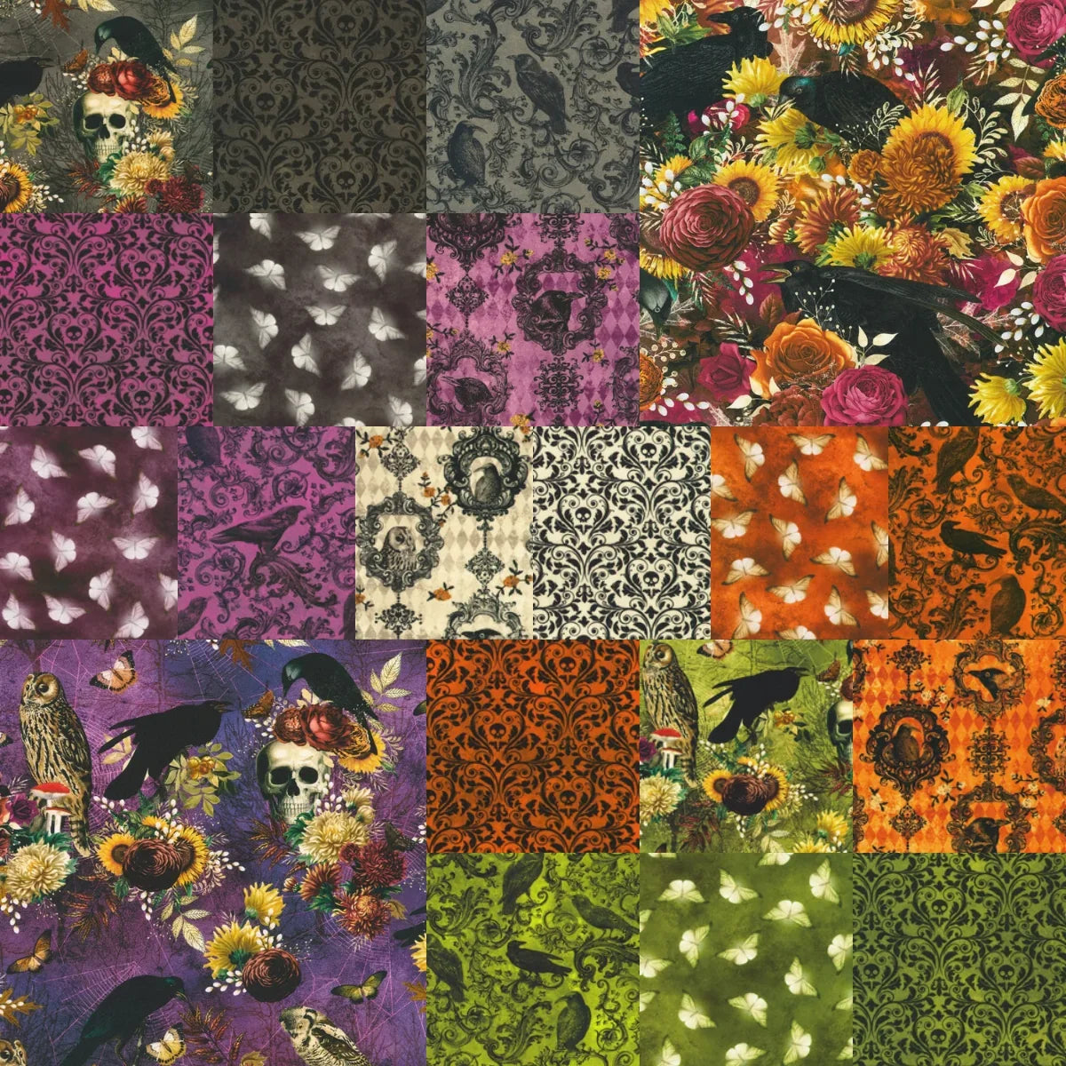 A grid of fabric swatches showing various gothic nature prints in purple, greens, oranges, and blacks. The designs feature skulls, ravens, flowers, moths, and owls.