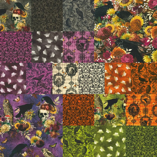 A grid of fabric swatches showing various gothic nature prints in purple, greens, oranges, and blacks. The designs feature skulls, ravens, flowers, moths, and owls.