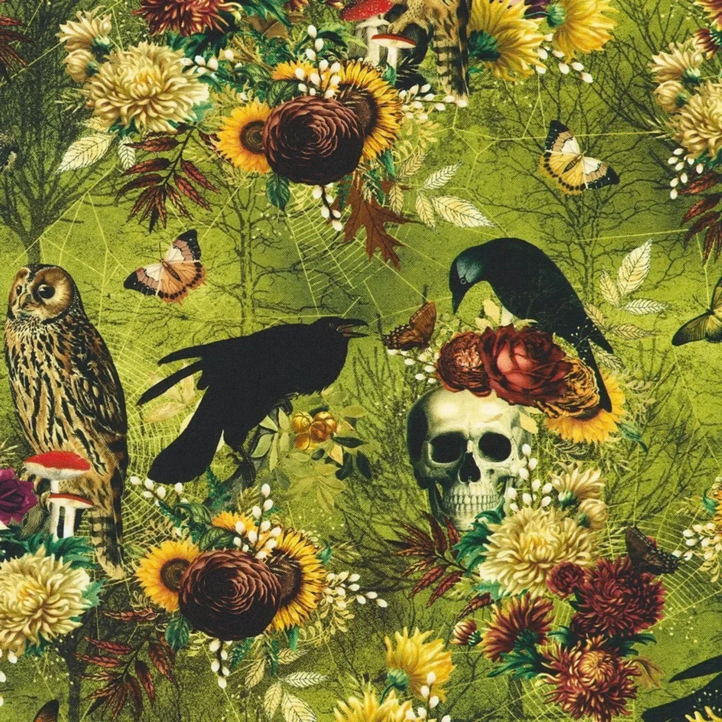 Macabre nature-themed fabric with crows, owls, flowers, skulls, moths, and spider webs on a lime-green background