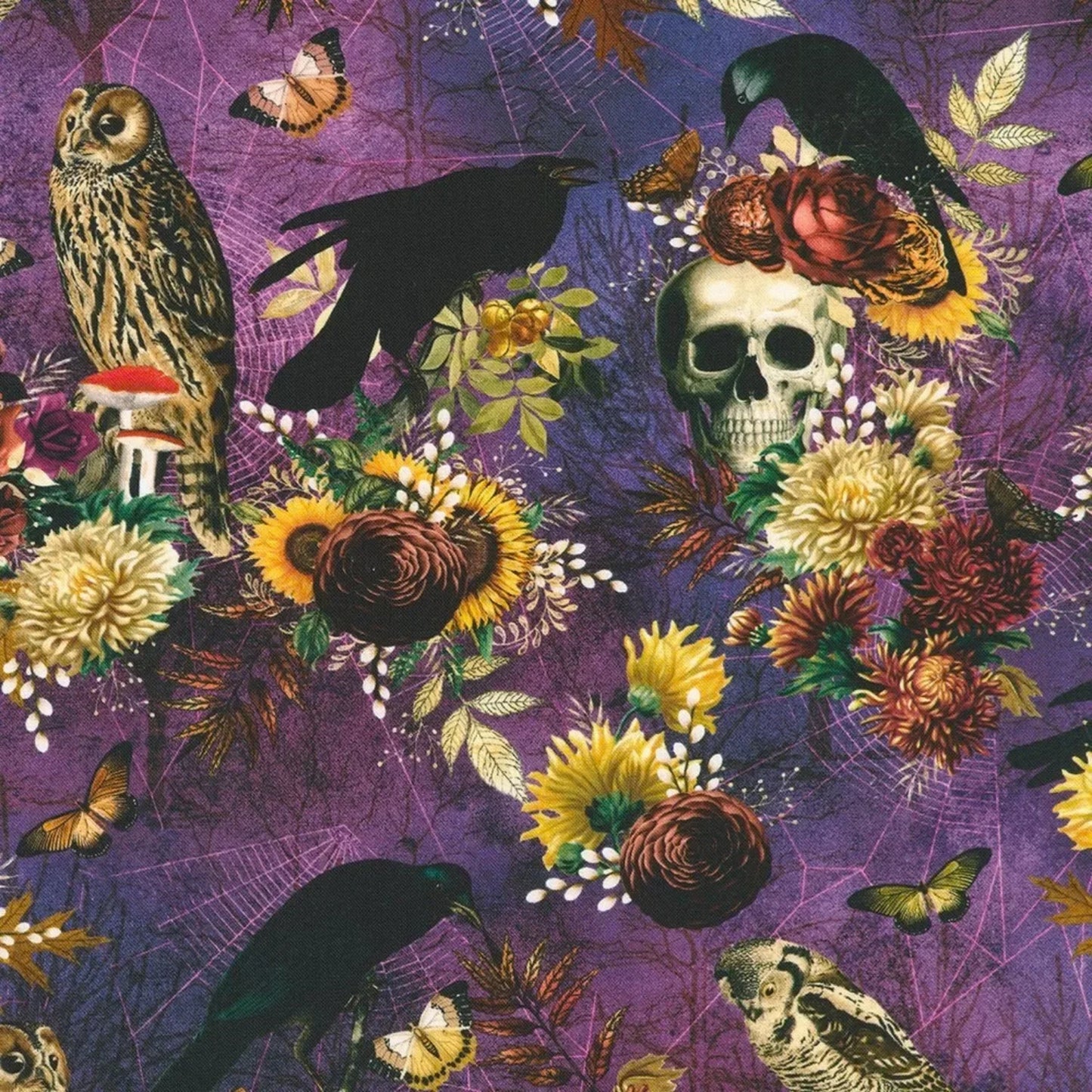 A purple patterned fabric featuring a gothic design with a human skull, crows, an owl, butterflies, flowers, and leaves.