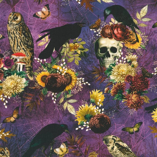 A purple patterned fabric featuring a gothic design with a human skull, crows, an owl, butterflies, flowers, and leaves.