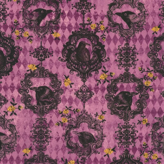 Fabric featuring black ravens and owls in ornate black scrollwork frames with small yellow floral accents on a purple harlequin diamond background.