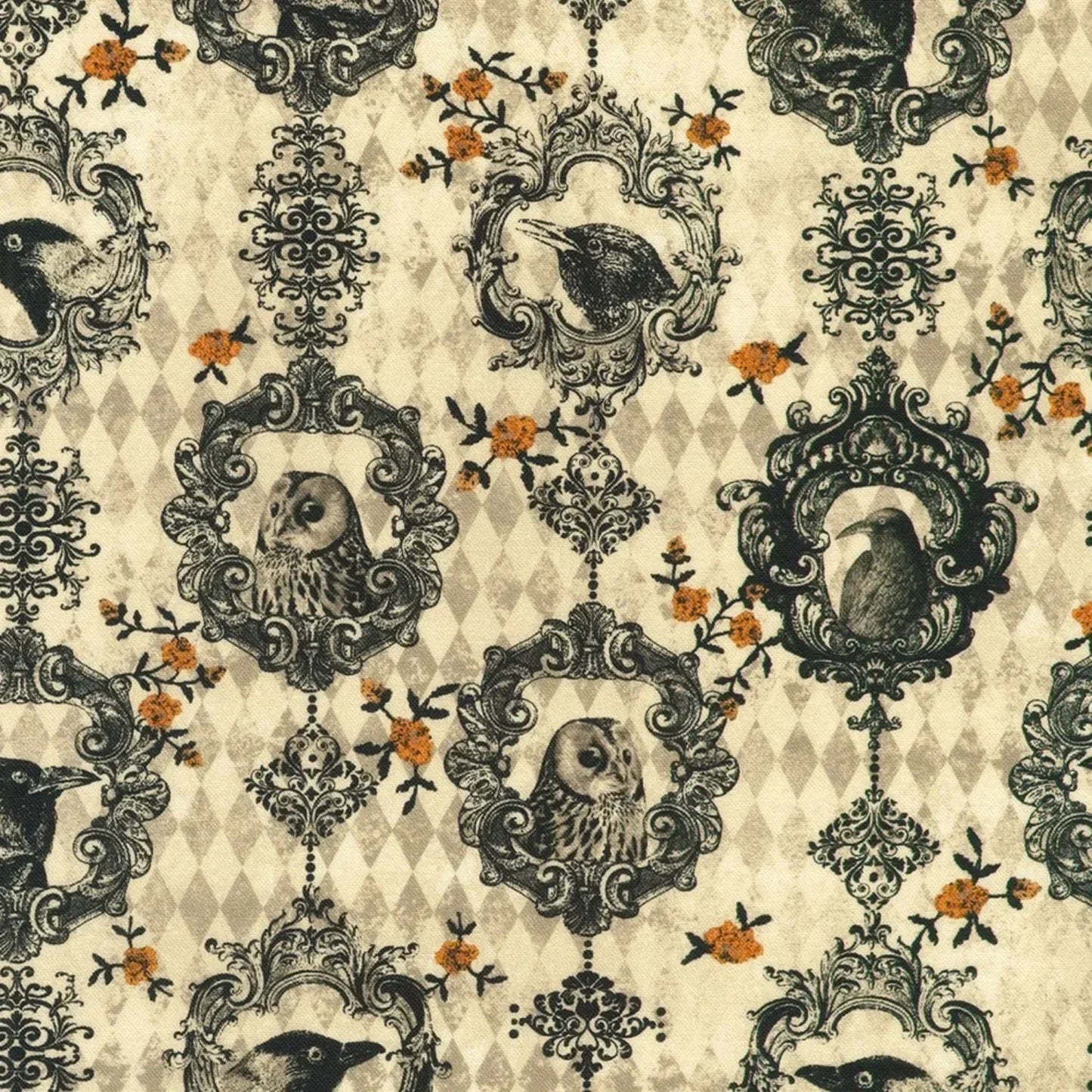 Fabric featuring black ravens and owls in ornate black scrollwork frames with small orange floral accents on a beige and taupe harlequin diamond background.