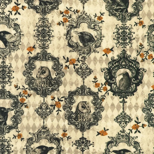 Fabric featuring black ravens and owls in ornate black scrollwork frames with small orange floral accents on a beige and taupe harlequin diamond background.