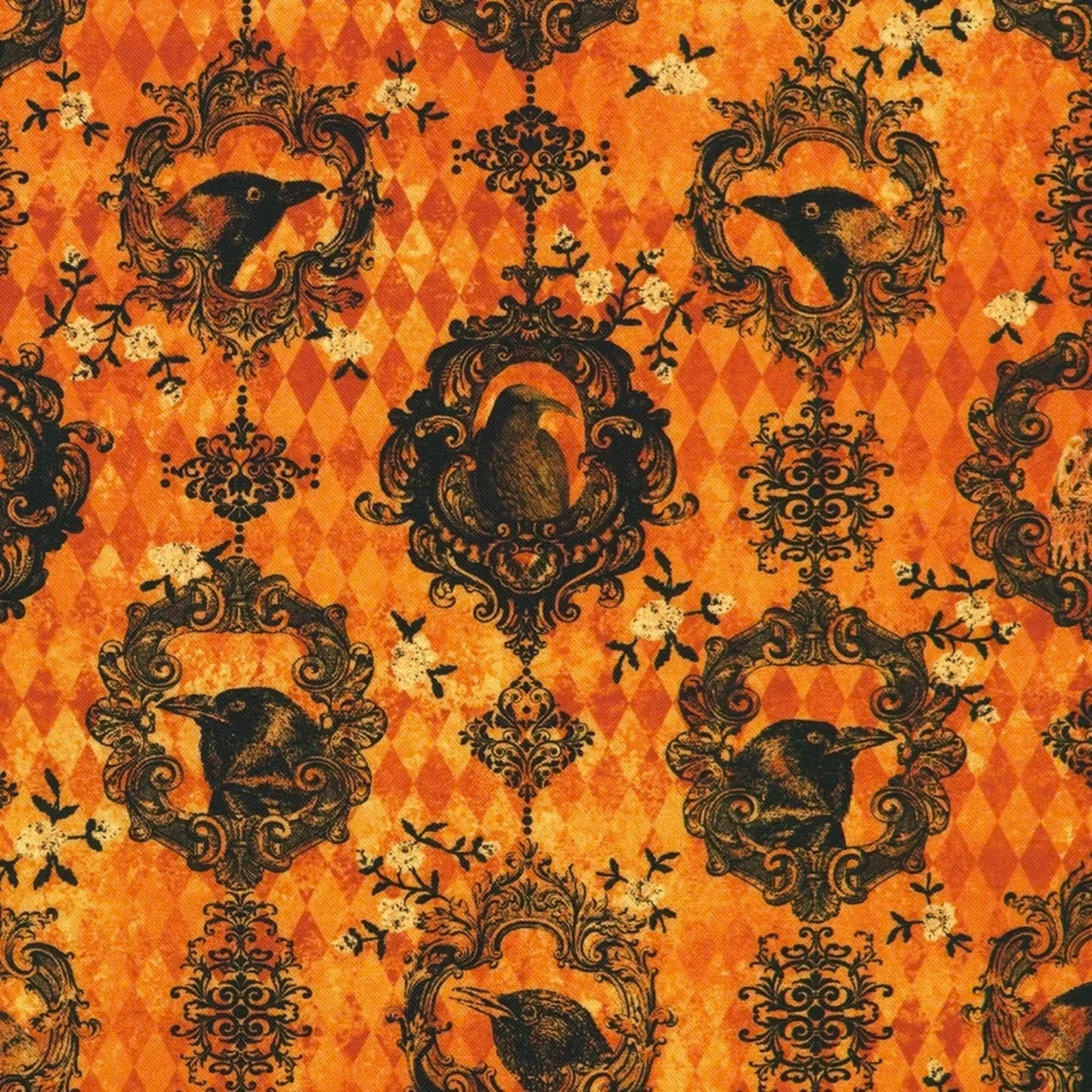 Fabric featuring black ravens and owls in ornate black scrollwork frames with small ivory floral accents on a burnt-orange harlequin diamond background.