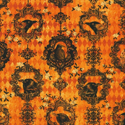 Fabric featuring black ravens and owls in ornate black scrollwork frames with small ivory floral accents on a burnt-orange harlequin diamond background.