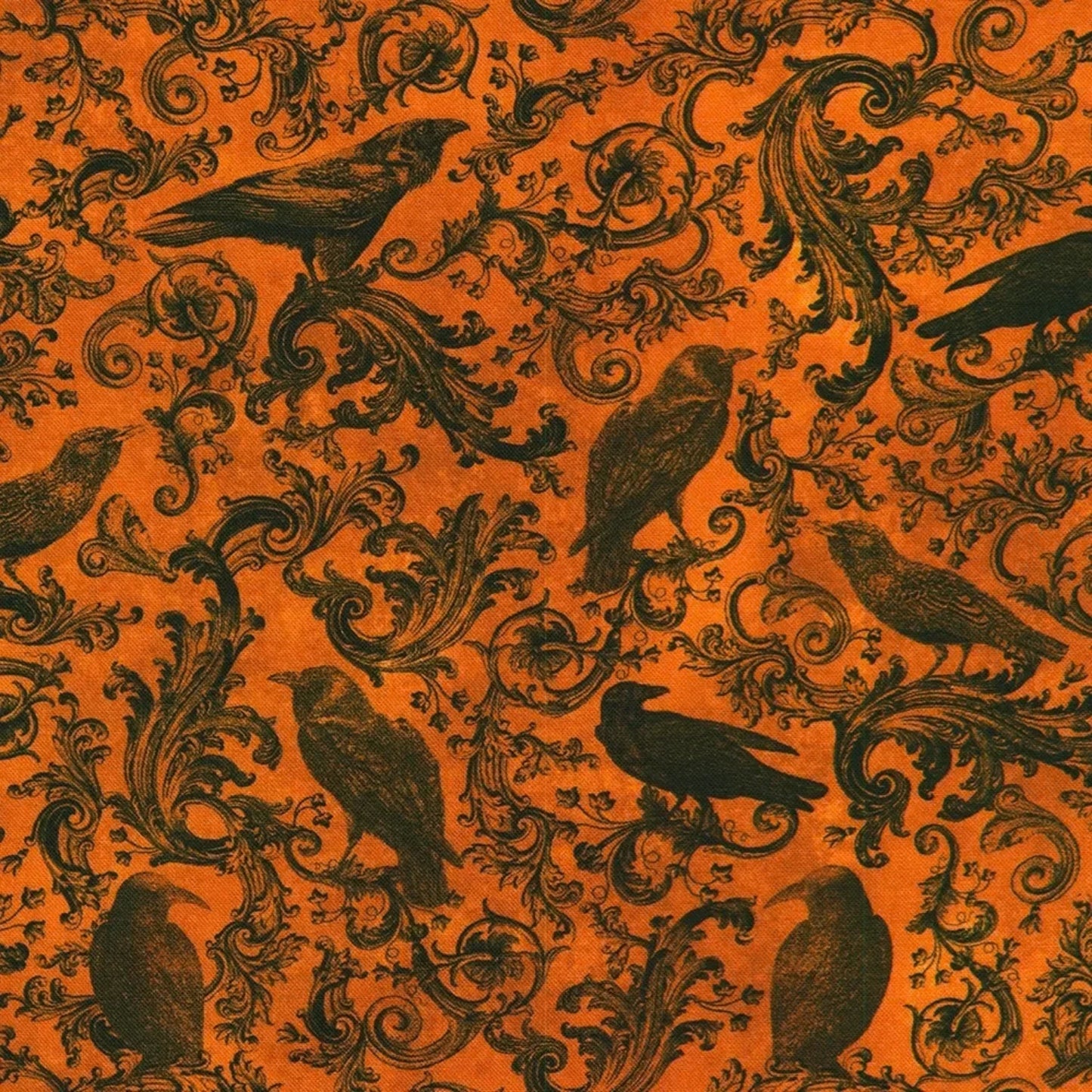 A repeating pattern of black ravens and ornate scrollwork on a vivid orange background.
