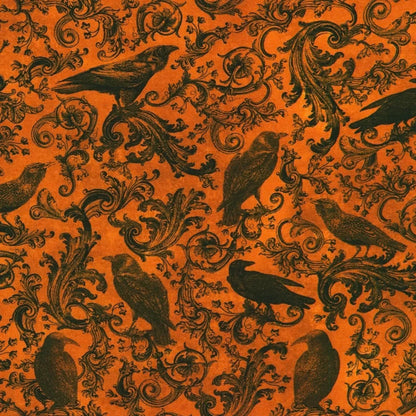 A repeating pattern of black ravens and ornate scrollwork on a vivid orange background.
