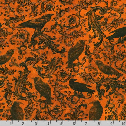 A repeating pattern of black ravens and ornate scrollwork on a vivid orange background with a ruler at the bottom for scale.