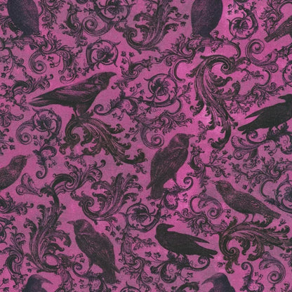 A repeating pattern of black ravens and ornate scrollwork on a vivid berry-purple background.