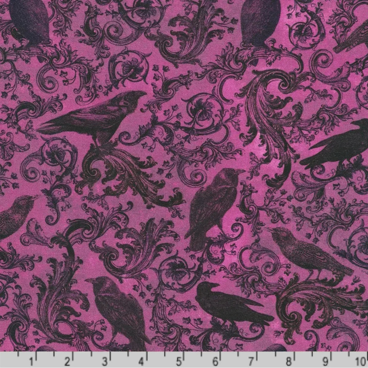 A repeating pattern of black ravens and ornate scrollwork on a vivid berry-purple background with a ruler at the bottom for scale.
