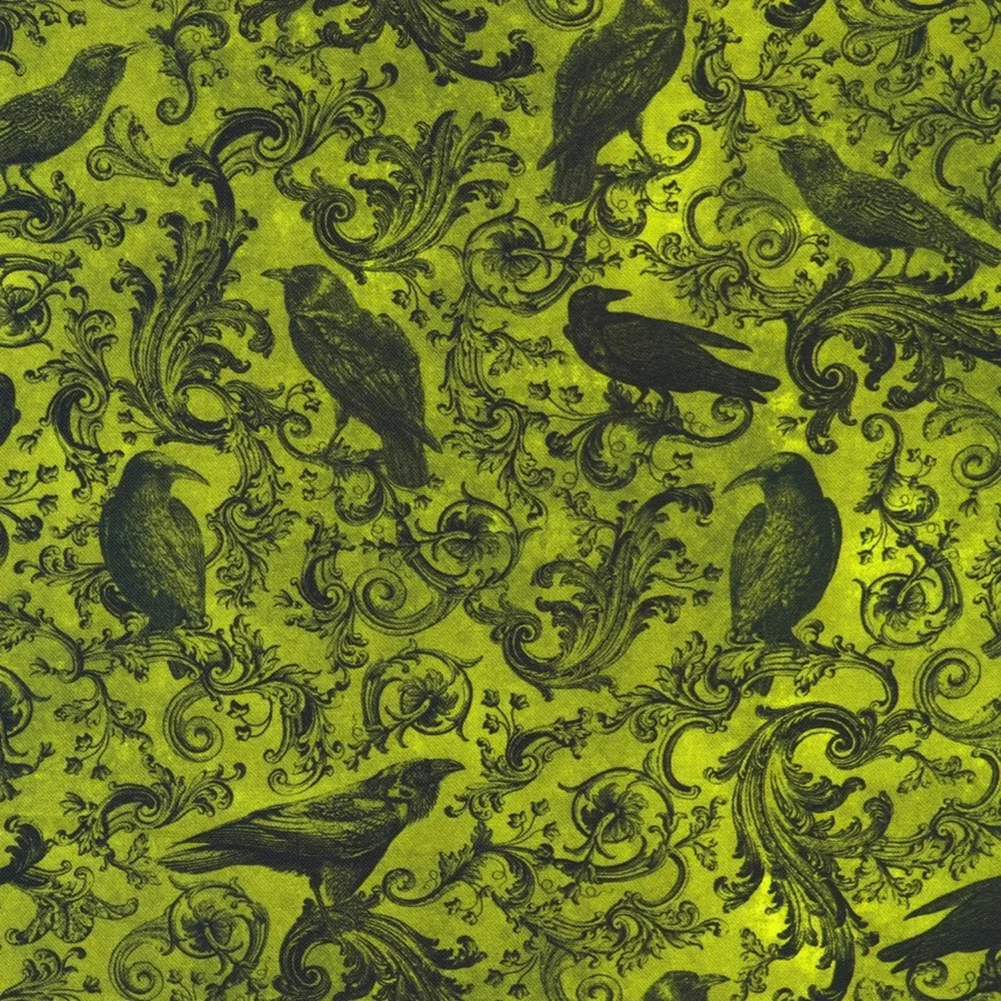 A repeating pattern of black ravens and ornate scrollwork on a bright lime-green background.