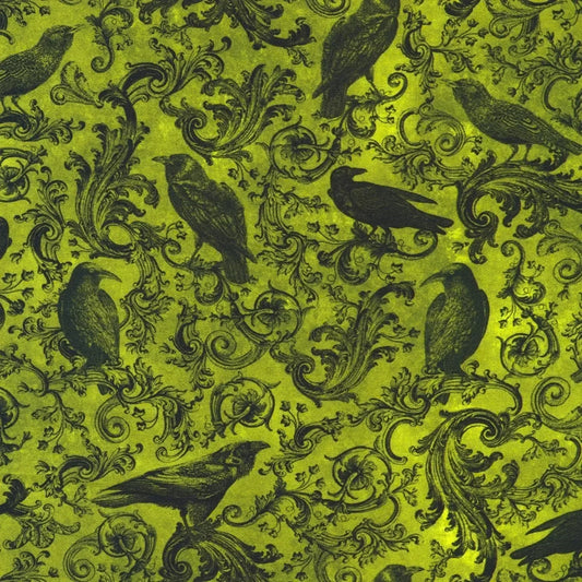 A repeating pattern of black ravens and ornate scrollwork on a bright lime-green background.